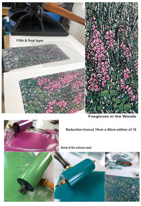 Making a reduction linocut "Foxgloves in the Woods"