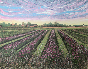 linocuts etchings and screenprints depicting views of Norfolk and East Anglia. Thetford Forest, Hunstanton, Tulip Fields, Sunsets., lots of colour and textured art for the home and office