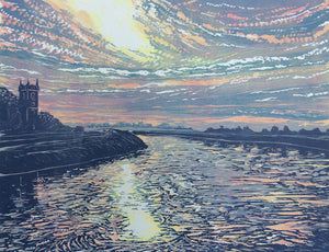 linocuts etchings and screenprints depicting views of Norfolk and East Anglia. Thetford Forest, Hunstanton, Tulip Fields, Sunsets., lots of colour and textured art for the home and office
